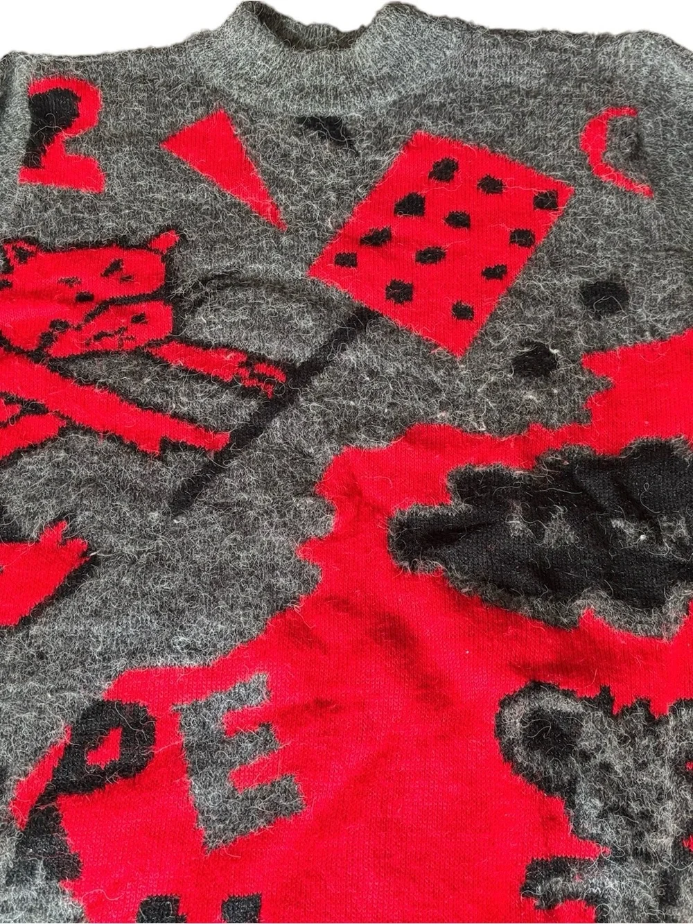 Vintage Gray & Red Graphic Fuzzy Sweater